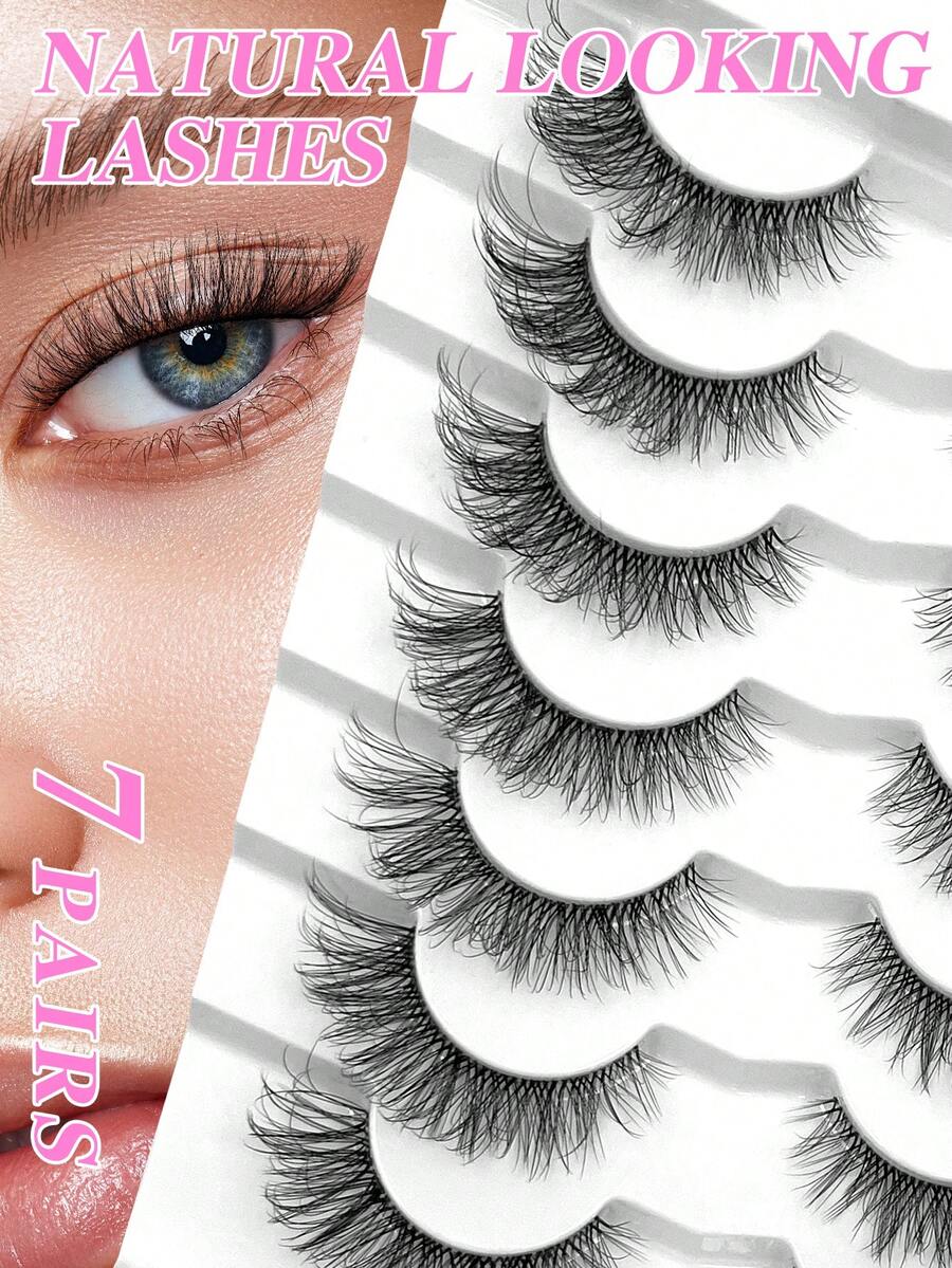 ENCHUW 7 Pairs Natural Look 3D Transparent Band Fluffy Curly Cat Eye False Eyelashes - Black - View 1