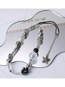 1pc New Beaded Phone Lanyard With Black Flower & Starfish Pendant, Women Phone Strap Accessory - Multicolor - View 5