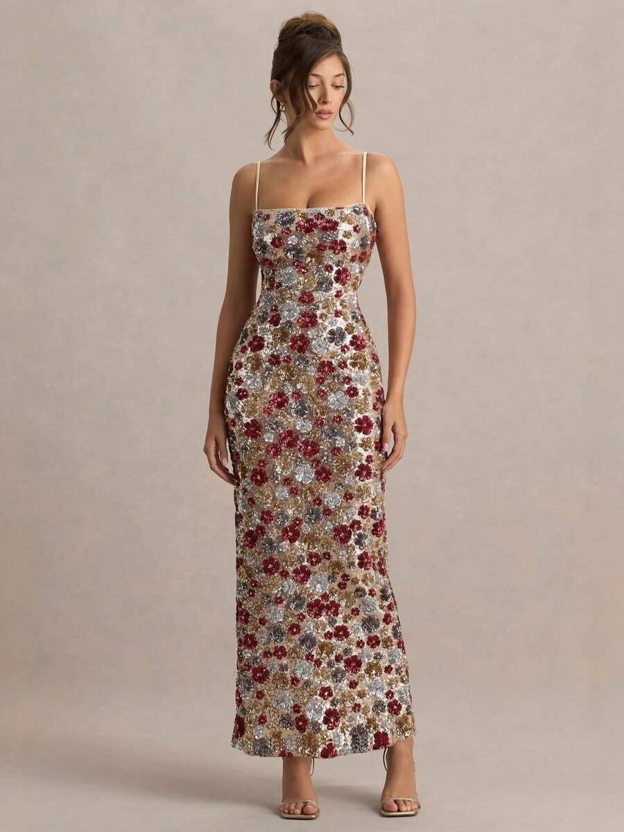 Women's Cocktail Party Nightclub Event Night Out At Night Floral Embroidered Sequined Suspender Dress Tight Straight Cut Back Center Slit Elegant Long Dress, ,Wedding Guest Dress Women,Birthday Dresses For Women,Formal Dresses For Women,Cocktail Dresses For Women, Halloween, Christmas,Party,Fall Wedding Guest Dress For Spring Summer Autumn And Winter - 印花 - 查看 1