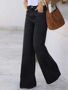 Women's Loose Straight Leg Jeans With Pockets, Casual Washed Denim Pants, Suitable For Summer Wear And Essential For Halloween - Dark Blue - View 10