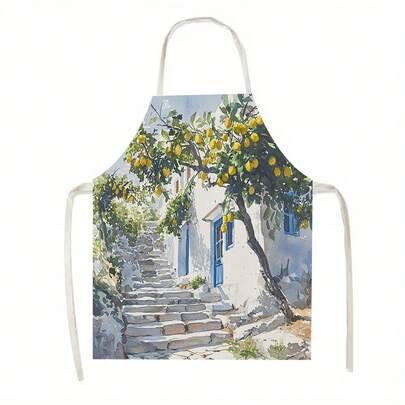 1 قطعة مريلة مطبوعة بلوحة مائية لشجرة الليمون، مناسبة للمطبخ وغرفة المعيشة وغرفة الطعام والفندق والشواء الخارجي وغيرها من السيناريوهات، مصنوعة من مادة البوليستر 100٪، قابلة للغسل في الغسالة، بحجم كبير