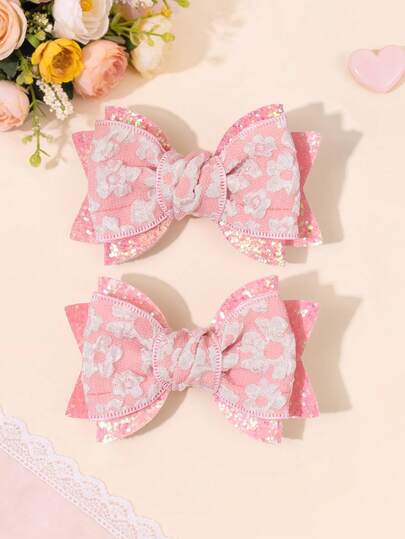 2pcs Pink Glitter Hair Bows For Girls Flower Printed Bow Alligator Clips Elegant Floral Hair Clips Spring Barrettes Delicate Vacation/Picnic/Daily Hairpins Teens Hair Accessories