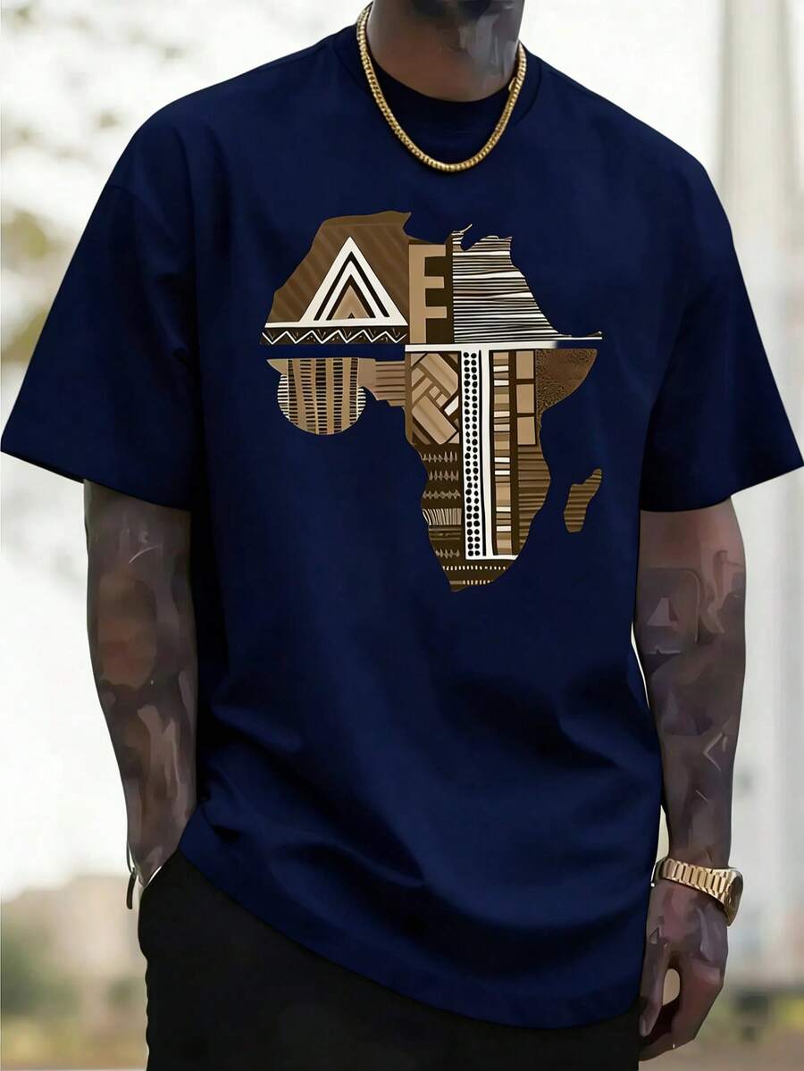 African Map Pattern Printed Round Neck Short Sleeve, Fashion, Unique Design, Outdoor Street Style, Hip Hop Casual Style, Comfortable Fabric, Men's Short Sleeve, Pure Cotton Top, Spring Summer Men's T-Shirt - Navy Blue - View 1