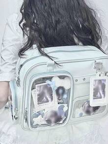 新款日本PU皮革Y2K心形链条透明徽章斜挎包，休闲简约通勤手提包，大容量，可装谷物、挂钥匙、存放明信片 - 藍色 - 查看 8