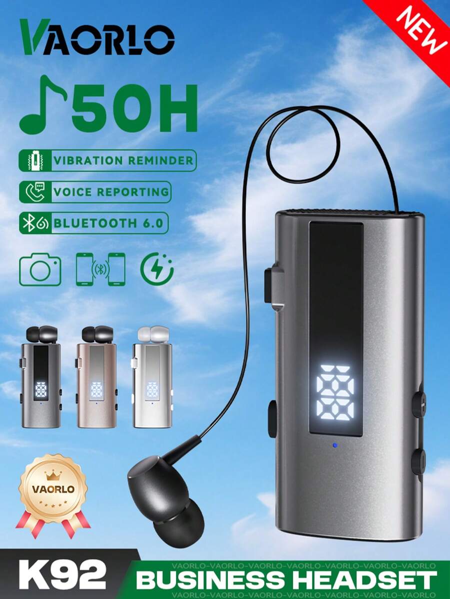 2IN1 K92 Bluetooth 6.0 Lavalier Business Wireless Headset Remote Selfie Camera LED Digital Display With Mic HiFi Music 50h Call 30h