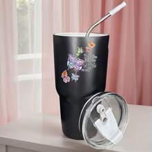 30oz Stainless Steel Tumbler Black White Options,  Butterflies Sparkle Angels In My Heart Graphic Cups, Insulated Travel Coffee Mug With Lid And Straw , Double Wall Vacuum Reusable Travel Cups, Funny Birthday Party Gift For Women & Men - 黑色 - 查看 1