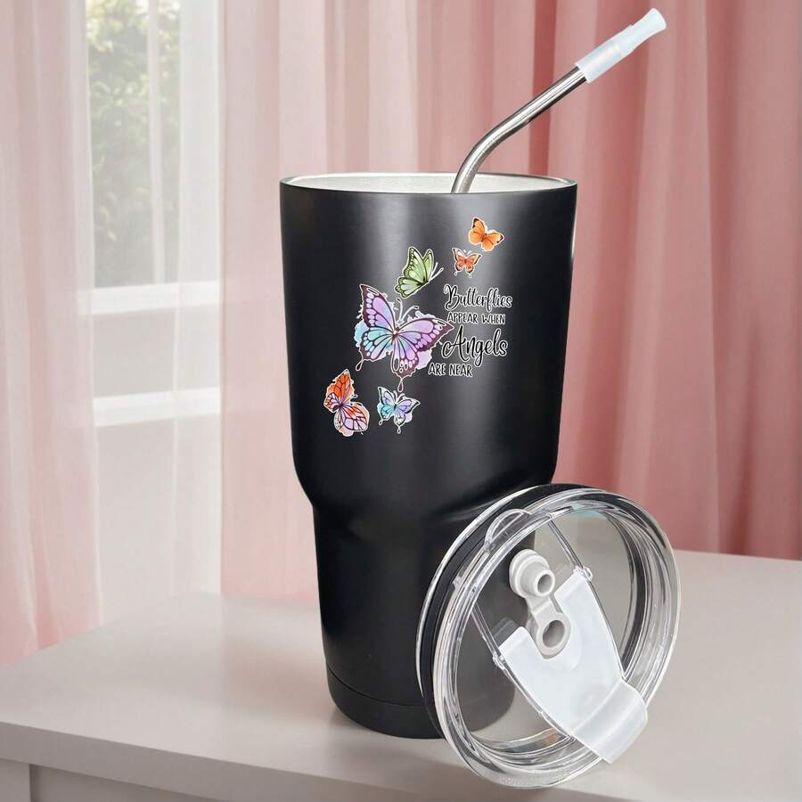 30oz Stainless Steel Tumbler Black White Options, Butterflies Sparkle Angels In My Heart Graphic Cups, Insulated Travel Coffee Mug With Lid And Straw , Double Wall Vacuum Reusable Travel Cups, Funny Birthday Party Gift For Women & Men - 黑色 - 查看 1