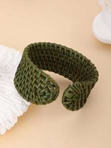 1pc Handmade Rattan Exaggerated Striped Oversized Adjustable Bangle Bracelet, Suitable For Vacation, Party, Market, Afternoon Tea And Daily Wear - Moss Green - View 7