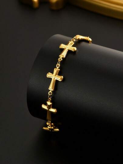 男士不锈钢镀金手链，配有多个十字架吊坠，时尚饰品，融入基督教元素，适合日常佩戴和搭配服装。