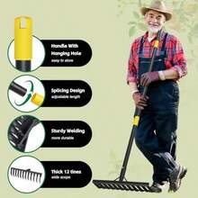 Garden Rake Heavy Duty 189cm Metal Rake With 12 Tines Bow Rake With Long Handle For Loosening Soil Leveling Lawn Farming Land Black  Vff - Black - View 4