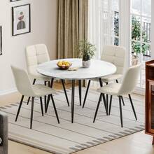 Dining Table And Chairs Set Of 4, Extendable Round Table Concrete Effect Folding Table With Upholstered Linen Chairs For Dining Room,Kitchen - Marble Decorative Table + PU Chair - View 11