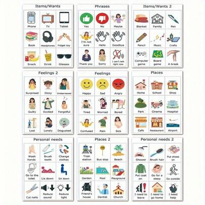 [Autism Communication Aid] 9pcs Frameless Neurodivergent Communication Mural | Educational Tools For Autism Caregivers, Classroom, Elderly Home Office Decoration, 8x10inch, Paper Material