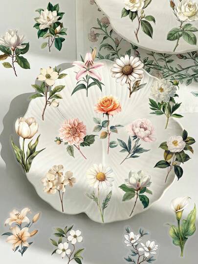 50张复古长茎花朵贴纸，适用于装饰笔记本电脑、手机、平板电脑、吉他、乐器、自行车、行李箱、计划本、日记本、剪贴簿和其他DIY项目