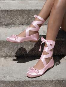 Women's Elegantes Pink Shoes Satin Square Toe Ballet Flats With Ankle Ribbon Tie Bow Detail Prom Flats Summer Shoes - 粉色 - 查看 3
