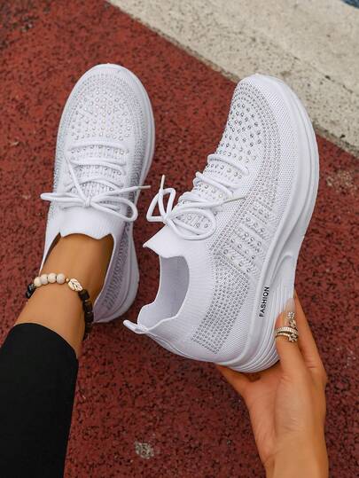 Women's Platform Sneakers For Spring/Autumn, Rhinestone Decorated Casual Comfortable Lightweight Everyday Shoes For School And Commute