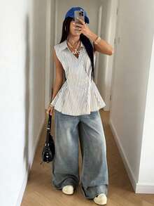 女士优雅夏季新款V领系带休闲不规则下摆长袖条纹衬衫，适合日常穿着和约会。 - 黑與白 - 查看 4