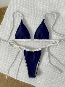 Bộ bikini màu hồng trơn không lưng, buộc dây cổ, thích hợp cho đi biển, tiệc bể bơi, kỳ nghỉ hè. - Xanh đậm - Xem 2