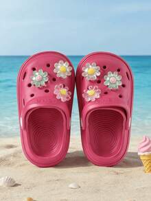 Kids Red Jelly Flower EVA Clogs, Adjustable Heel Strap 2-Way Summer Beach Sandals - Red - View 2