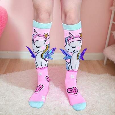 1 Pair Of Colorful Angel Unicorn Kids Socks, Unicorn Knee Socks With Wing Decor, Girls Knee High Socks,Suitable For Girls' Daily Outfits And Gifts,Decorative Party Socks,Christmas Gift,Family Gift,School Socks For Girls