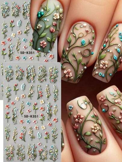 2 piezas Pegatinas de arte de uñas 5D en relieve con hojas de vid y flores verdes, Decoraciones de uñas con flores de cinco pétalos en flor y hojas de colores, Suministros de arte de uñas DIY para diseño de manicura de boda