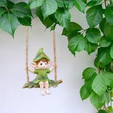 1个绿色精灵秋千悬挂装饰品，树脂手工饰品，春季花园树悬挂装饰，树脂雕像摆件，节日装饰，万圣节装饰 - 鞦韆小精靈 - 查看 4