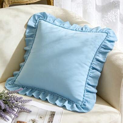 1pc Romantic French Ruffled Quilted Envelope Pillow Cover (Filling Not Included), Fashionable & Romantic Bedroom/Dorm/Sofa Decorative Cushion Cover, Couple/Friend Gift, Machine Washable, Oeko-Tex Certified, Blue
