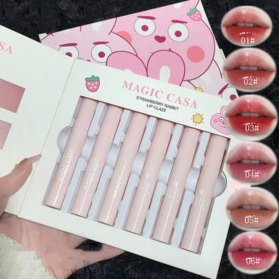 Set de 6 piezas de brillo labial con espejo con diseño de fresa y conejito, tinte labial hidratante que no se borra fácilmente