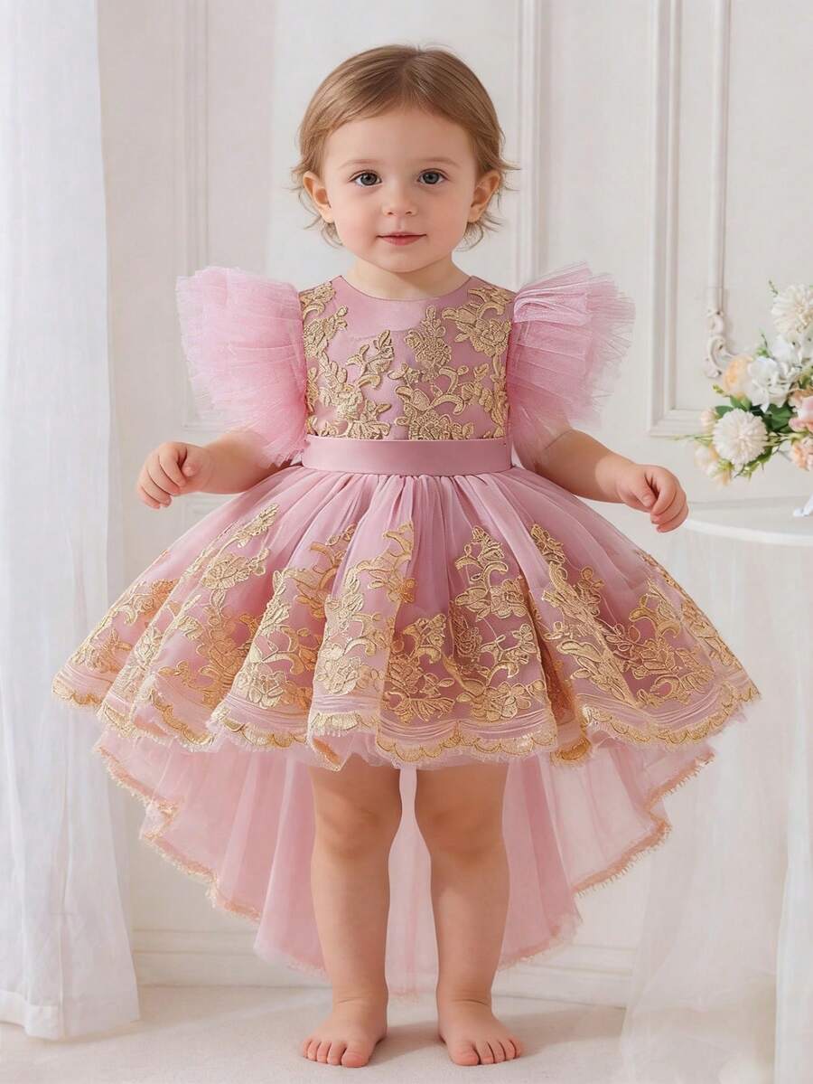 Vestido rosa lindo con patrón floral bordado en dorado para niñas bebé, decoración con moño, fiesta de cumpleaños, sesión de fotos, vestido con mangas abullonadas y volantes - Rosa - Ver 1