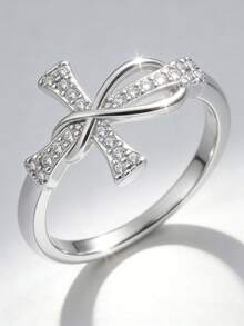Silver Plated Cubic Zirconia Stackable Rings Set, Twisted/Leaf/Infinity Open Band Rings, Elegant Minimalist Jewelry For Women, Daily & Party Wear - Möbius/Cross YR0837 - View 5
