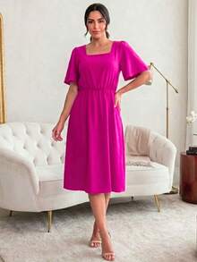 Elegant Women's Midi Dress, Christian Fashion, Flowing Fabric, Square Neckline, A-Line - 玫瑰紅 - 查看 1
