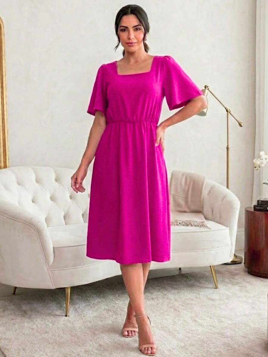 Elegant Women's Midi Dress, Christian Fashion, Flowing Fabric, Square Neckline, A-Line - 玫瑰紅 - 查看 1
