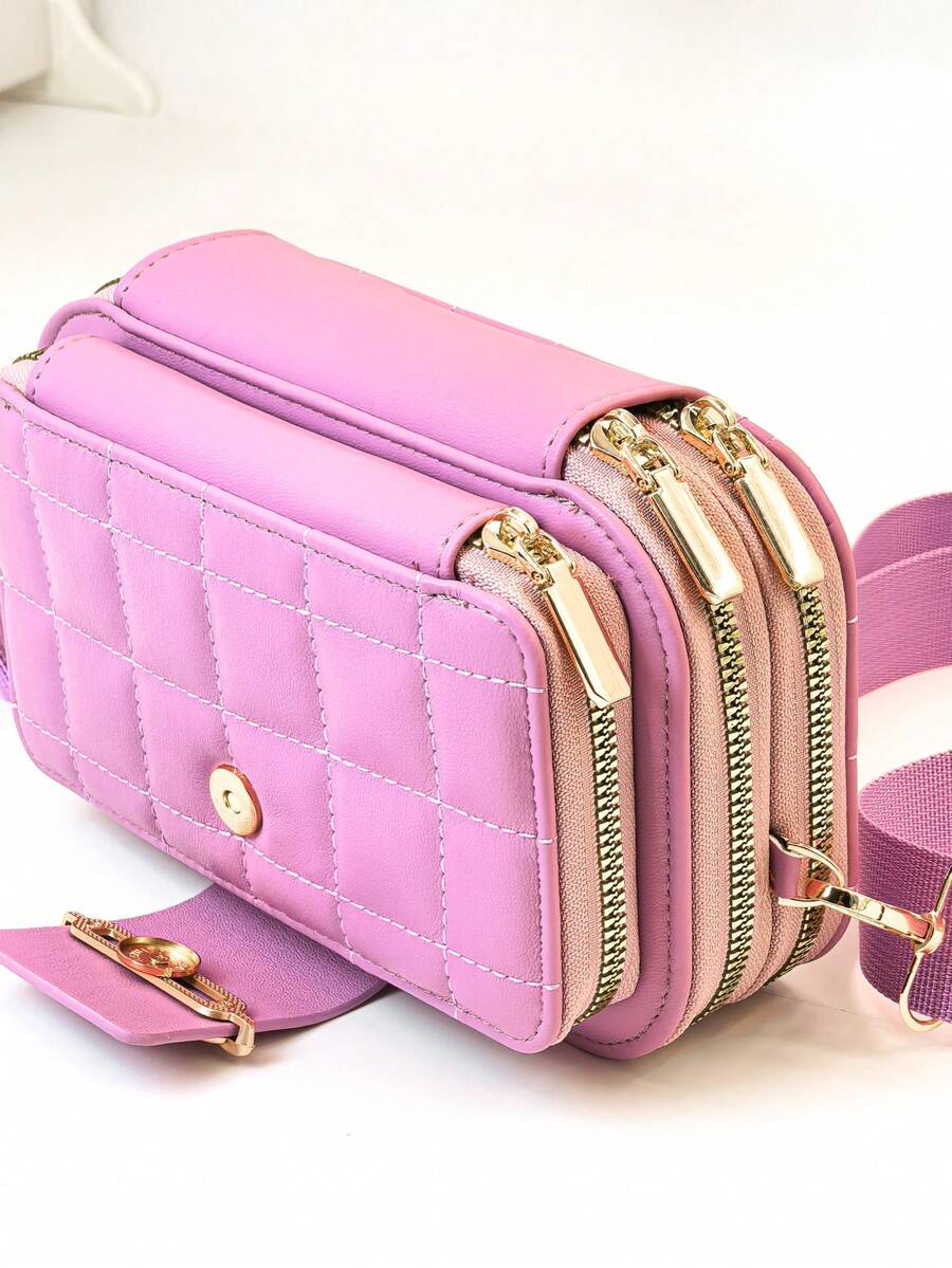 New Arrival Multi-Function Large Capacity Double-Layer Zipper Phone Wallet, Fashion Minimalist Soft Pattern Casual Travel Messenger Bag - Hot Pink - View 1