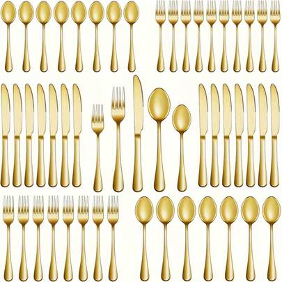 1/15/25/50/100/150/300pcs Gold Plated Cutlery Set, Including Serving Spoon, Knife, Fork, Ladle, Spoon, Suitable For Wedding Decor, School Supplies, Bachelor Party, Kitchen Utensils, Party Supplies, Travel Set, Gifts, Birthday Party, Graduation