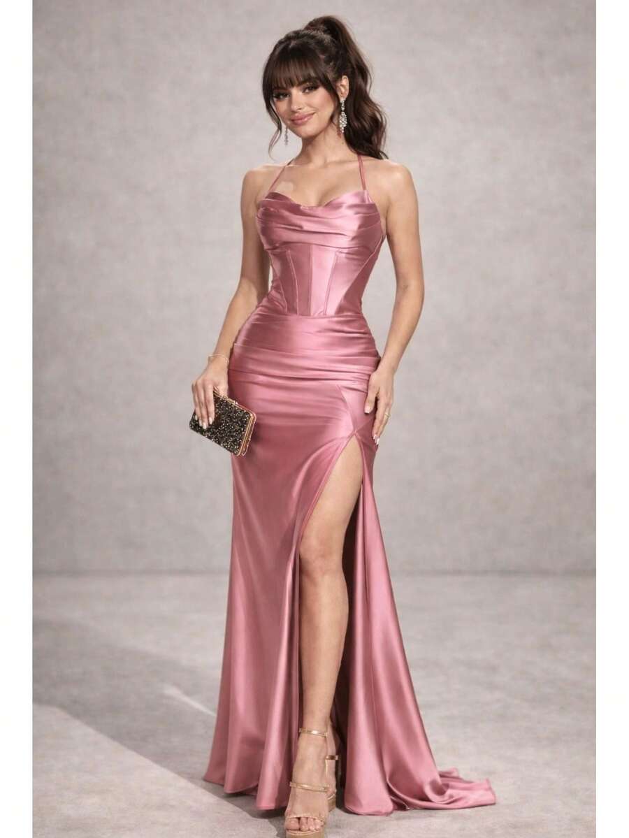 Bridesmaid Dress For Graduation Party Guests Royal Navy Terracotta Rose Serenity Marsala Emerald Green Mint Green Nude Or Lilac - 乾枯玫瑰色 - 查看 1