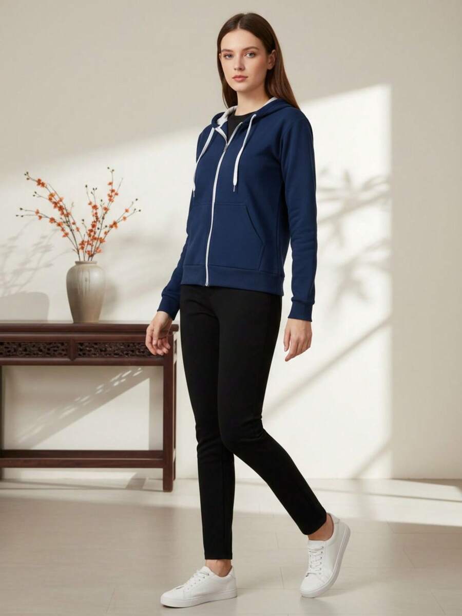 Women's Fleece Jacket With Zipper And Hood, Plain, Various Colors - Navy Blue - View 1