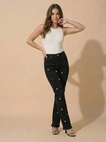 pthirillo Women's Black Flare Jeans With High-Waisted Butt-Lifting Effect And Rhinestone Detail. - 彩色水鑽 - View 9
