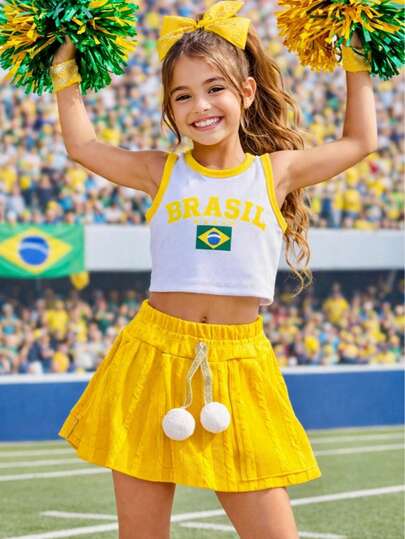Conjunto Infantil Brasil Copa Shorts Saia líder de torcida com Cropped Canelado Pompom – Moda Patriota 4-16 Anos