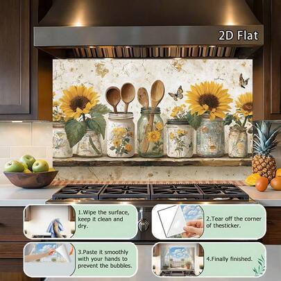 1 pièce Autocollant mural de tournesol pour cuisine | Design de cuisine rustique avec cuillère en bois et papillon, auto-adhésif, en matériau PVC. Autocollant pelable convenant pour les cuisines, les dos de cuisinière et les murs de salle à manger - Décoration moderne amovible, design plat 2D.