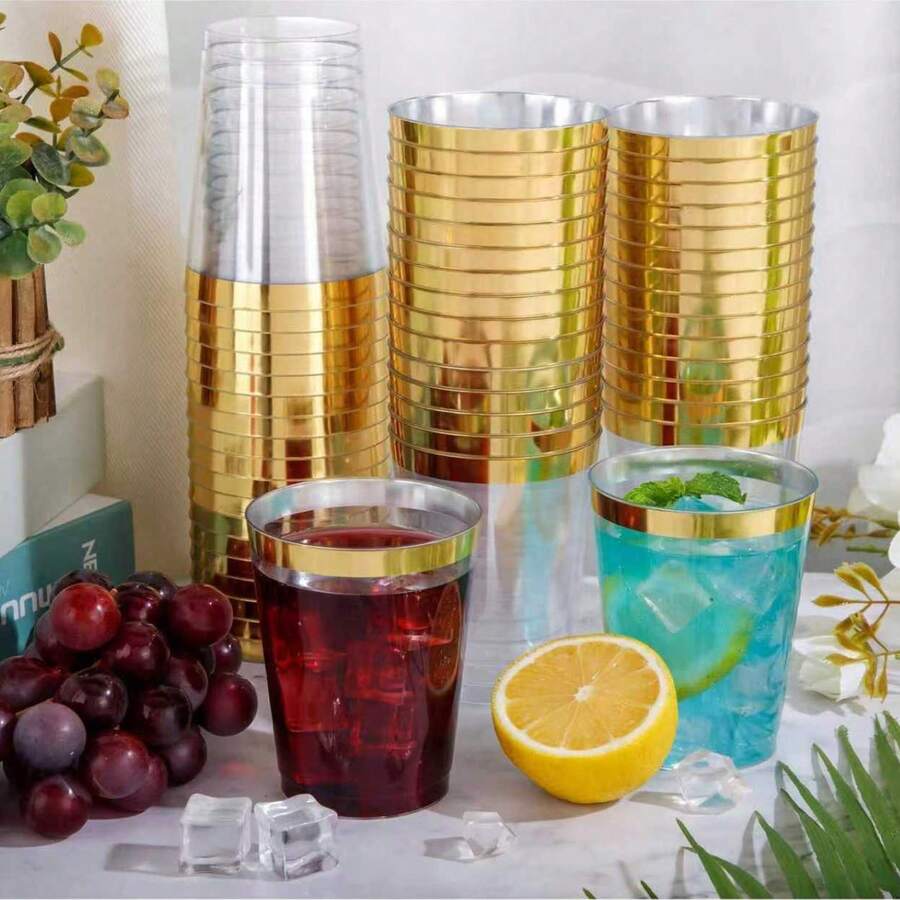 10pcs/20pcs/25pcs/30pcs/40pcs High-End Gold-Rimmed Transparent Cups, Reusable Water/Juice Cups Suitable For Parties, Weddings, Picnics And Various Events - Transparent With Gold Trim - View 1