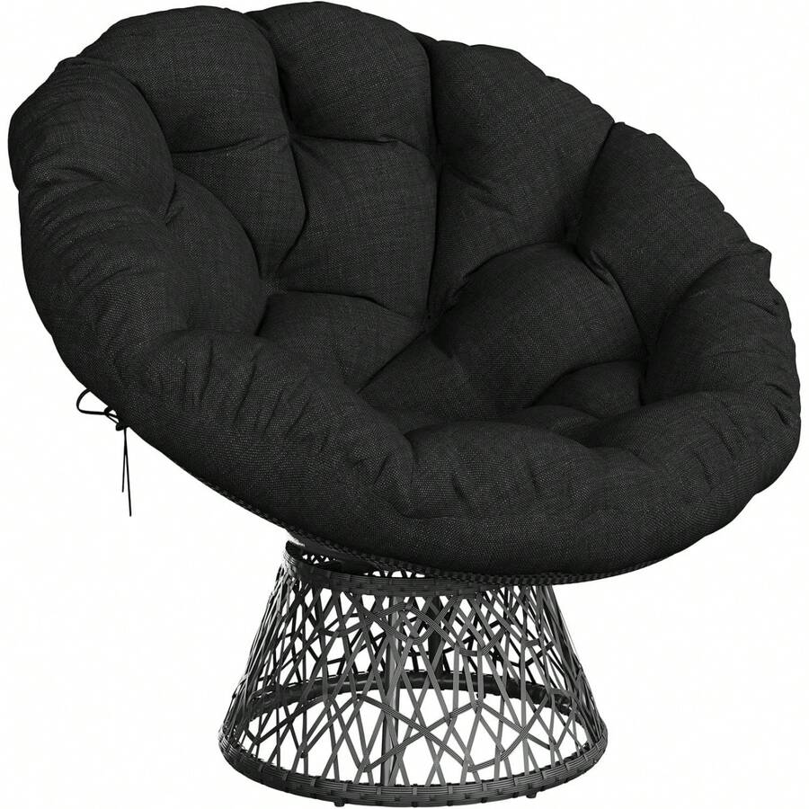 Beaully 37" Ergonomic Outdoor Oversized Papasan Chair - Extra-Thick Cushion, Sturdy Steel Frame, 360° Swivel, Footrest & Ottoman Included, Handwoven Wicker Rocker - Balcony, Backyard, Porch, Bedroom - Black - View 1