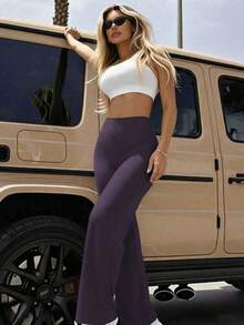 女士高腰阔腿裤，适合户外运动，舒适休闲运动紧身裤，高弹喇叭裤，适合通勤和瑜伽，针织面料，弹性舒适，适合日常穿着和锻炼。 - 紫色 - 查看 3