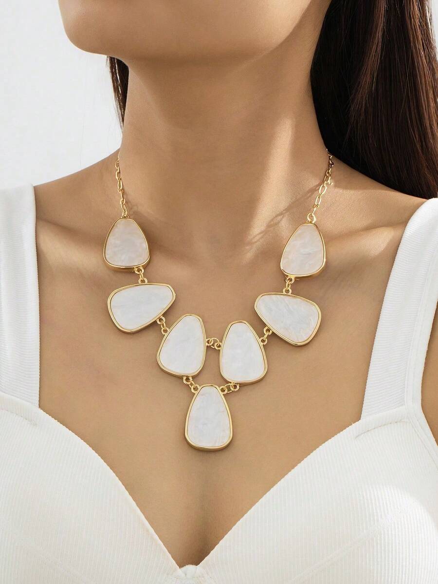 1pc Elegant White Asymmetrical Geometric Pendant Necklace, Jewelry (No Gift Box) - White - View 1