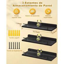 Modern Floating Shelves, Set Of 3 Floating Shelves With Metal Railing For Wall Decoration, Rustic Wall-Mounted Shelf Suitable For Bedroom, Bathroom, Kitchen, Living Room, Plants, Photo Frames, Art - 黑色 - 查看 2