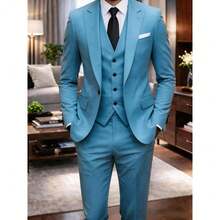 Men's Slim Fit White 3pcs Suit Notch Lapel Formal Suit Set Blazer Vest Pants For Wedding Guest Graduation Party - Sky Blue - View 19