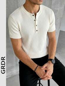 GRDR Men's Henley Collar Short Sleeve Knit Sweater Top, Striped Slim Fit Summer New Arrival - White - View 1