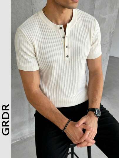 GRDR 1pc Men's Henley Neck Striped Slim Fit Short Cashmere Sweater