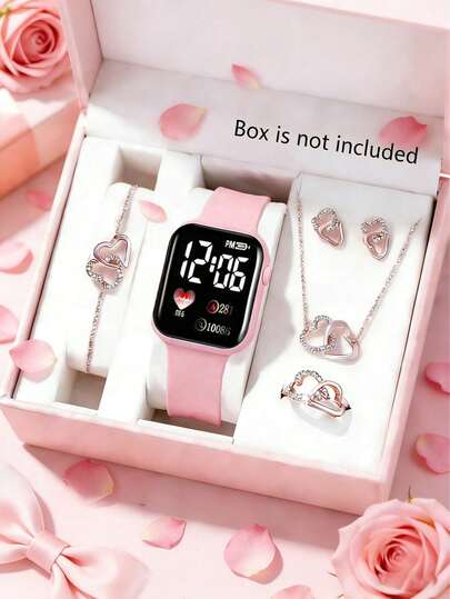 6件套时尚优雅LED心形数字显示电子手表，适合女性佩戴，套装包含心形手链、项链吊坠、戒指和一副耳环，是生日、节日送给女性的完美礼物，也适合返校、聚会、旅行等日常场合。毕业季、母亲节也是送给女士的理想之选。