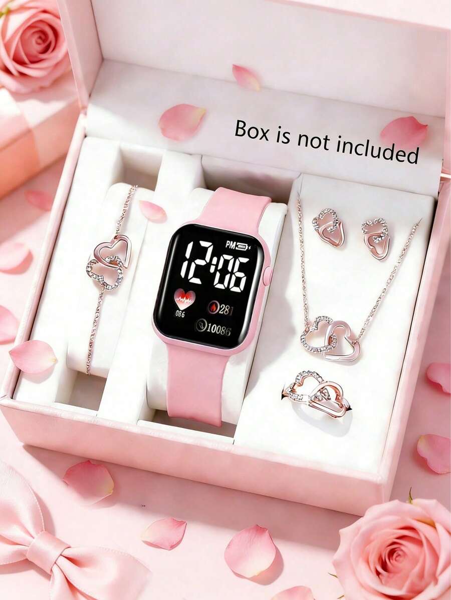 Conjunto de 6 peças feminino elegante com relógio digital LED em formato de coração, pulseira, colar, anel e brincos, ideal para presentear mulheres em aniversários, datas comemorativas, no dia a dia, em eventos como volta às aulas, festas e viagens. Perfeito para formaturas, Dia das Mães e outras ocasiões especiais. Um presente perfeito para mulheres. - Multicolorido - Ver 1