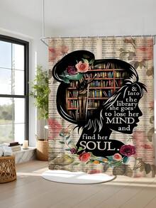 1/4pcs Silhouette Bookshelf Pattern Waterproof Shower Curtain Set, Includes 12 Hooks, Anti-Slip Mat, U-Shaped Mat, And Round Toilet Lid Cover, Thick Polyester, Solve Bathroom Water Accumulation Problems - A - View 1