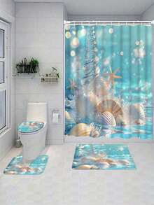 4pcs Crystal Seashell & Starfish Pattern Shower Curtain With 12pcs Plastic Hooks, Bathroom Non-Slip Mat, U-Shaped Toilet Seat Cover, Modern Home Bathroom Accessories - A - View 17